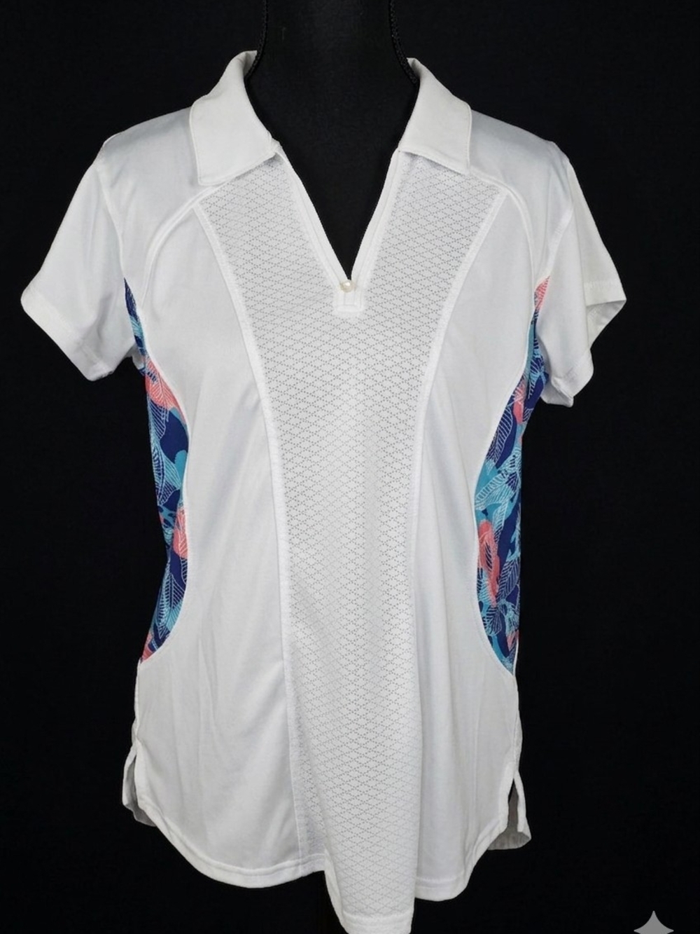 Pebble Beach White Polo Top with Blue & Pink Side Panels